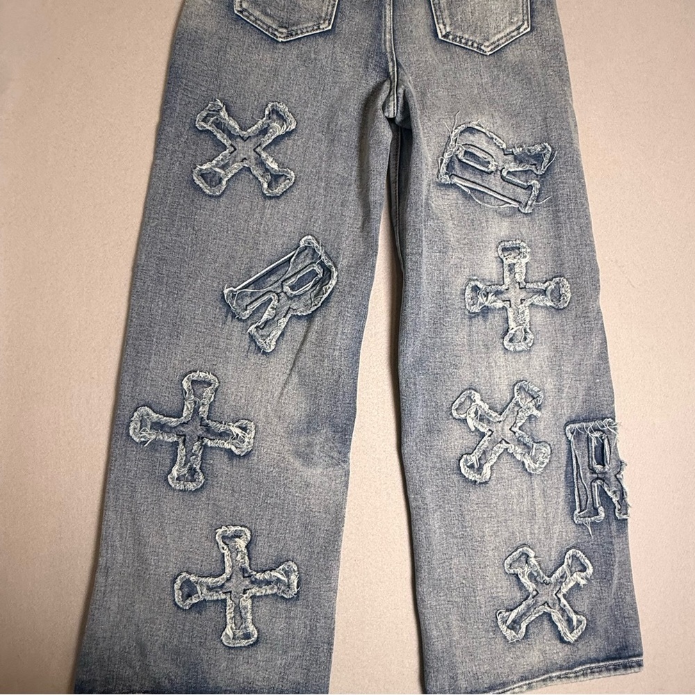 ROWME JEANS Patched Grunge Punk Letter Pattern Distressed Wide Leg Baggy 2 XS - Picture 11 of 11